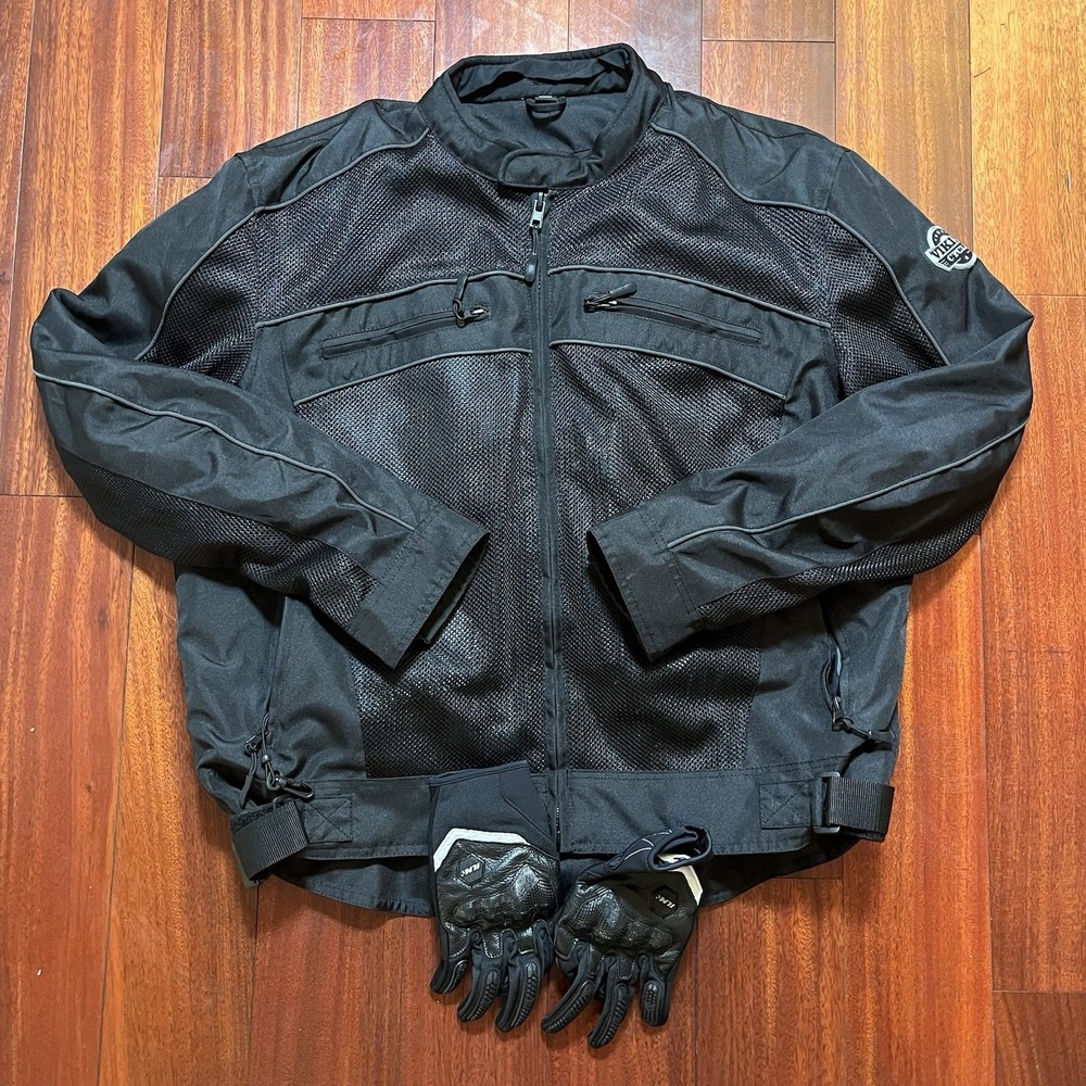 Viking Cycle Motorcycle Jacket Mens XL Black Mesh Cordura Touring + ILM GLOVES *
